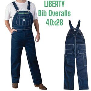 Liberty Zip Fly Bib Overalls Mens 40x28 Blue Denim Carpenter Workwear Farm NWT‎
